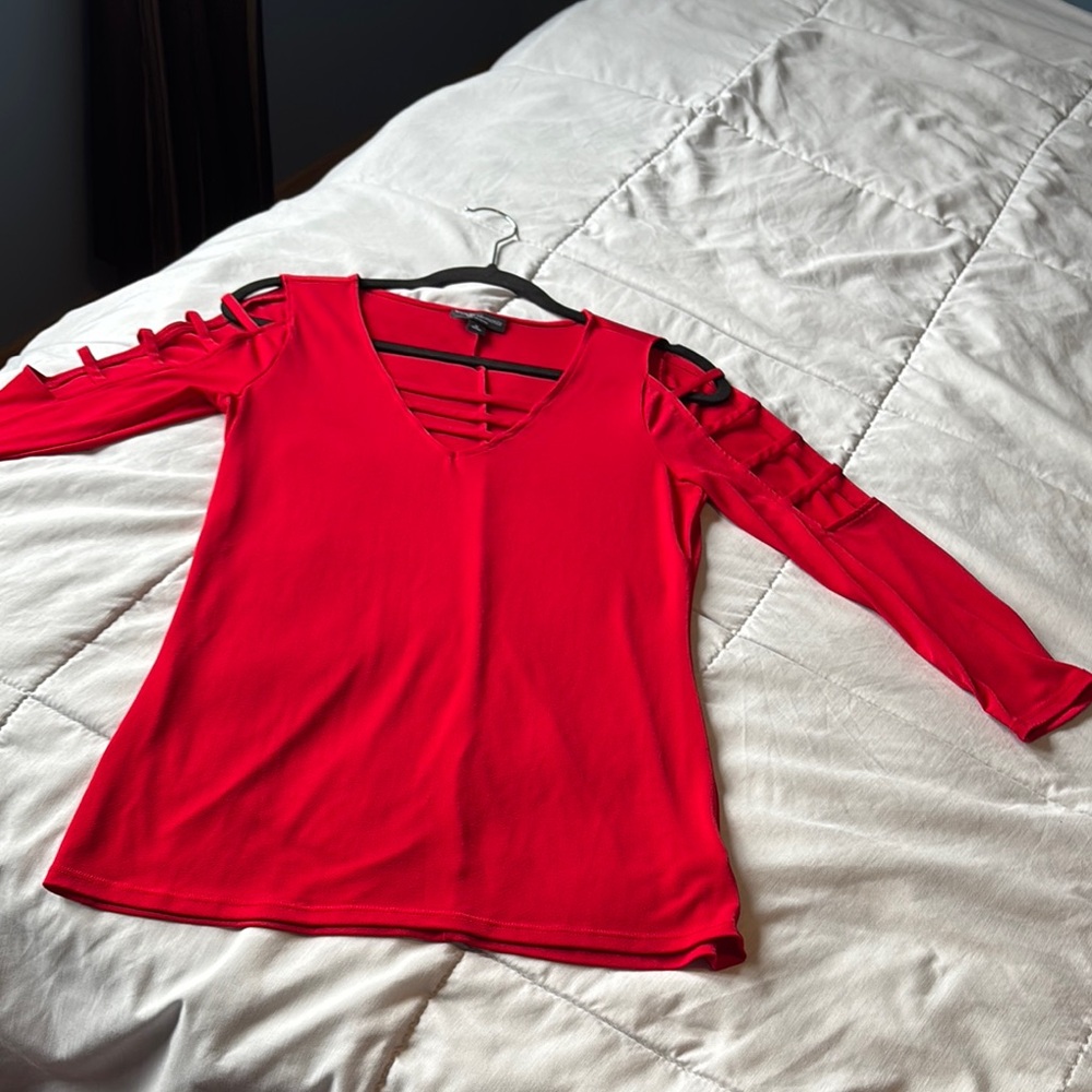 BOLD elements Red Cut Out Blouse with White Accents